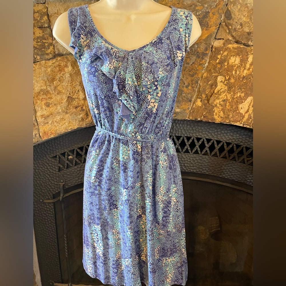 Caslon Women's Large Blue Floral Knit Dress Ruffle Neck Sleeveless Summer